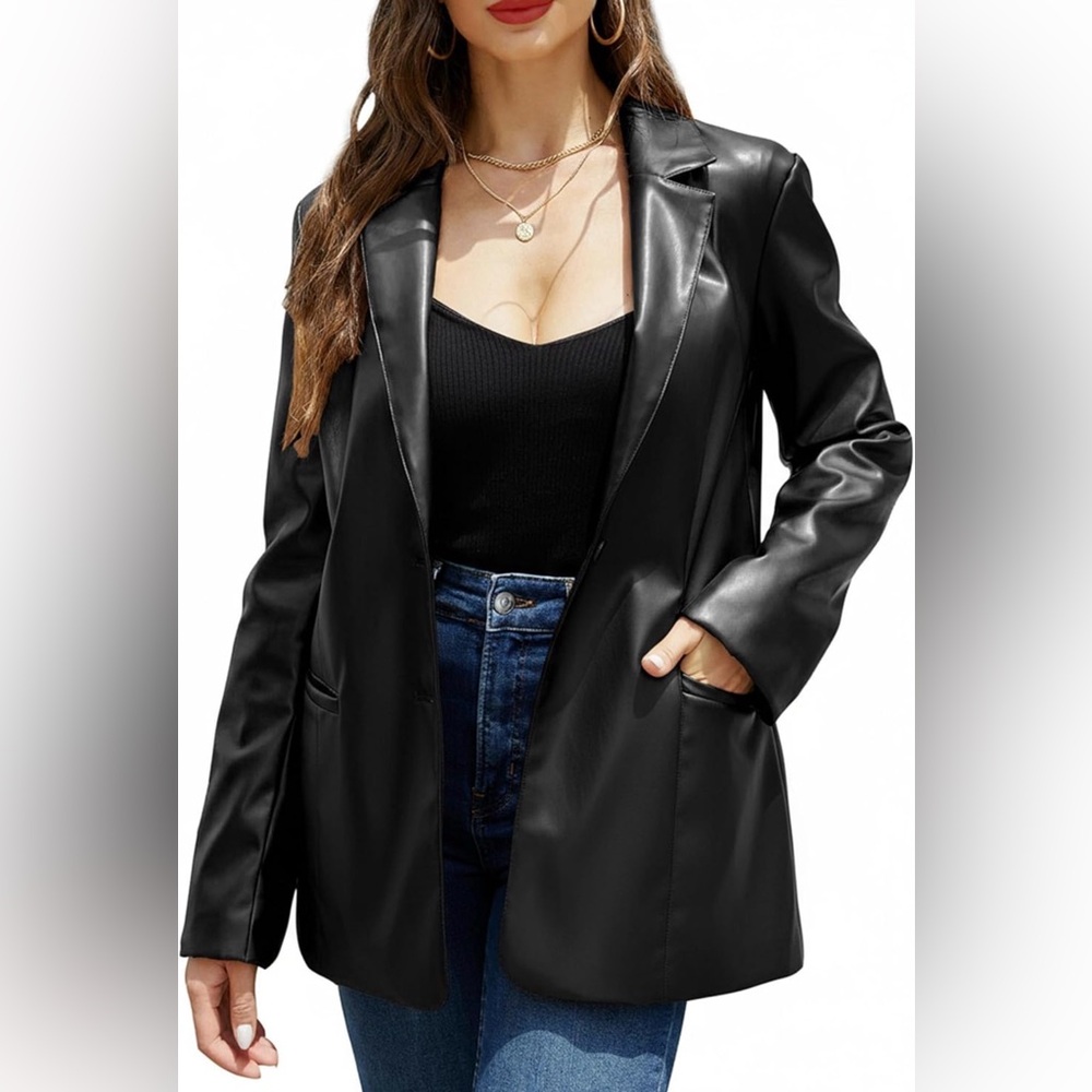 Faux Leather Black Long Blazer Jacket - Women Size L